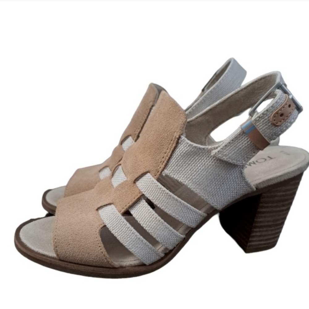 TOMS Women's Suede Tan and Cream Block Heel Sandals